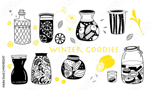 Vector set of images of cans with canned food. Lemon, kiwi, tomato, cucumber. White background. Gray-yellow colors
