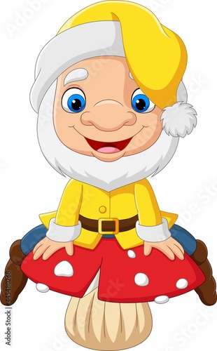 Cartoon funny dwarf sitting on mushroom