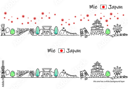 三重県の街並みと新型コロナウイルスのシンプル線画セット