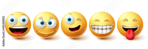 Smiley happy vector set. Smileys face yellow emoticon with funny, winking and naughty facial expressions isolated in white background for design elements. Vector illustration
