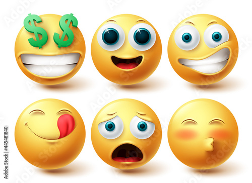 Emoji smiley vector set. Smileys emoticon happy collection facial expressions isolated in white background for graphic design elements. Vector illustration 