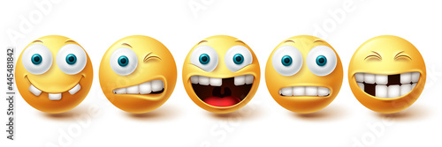 Fototapeta Smiley emoji funny teeth vector set