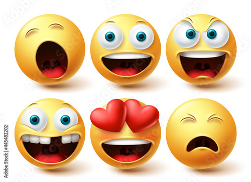 Emoji smileys happy vector set. Smileys emoticon happy, in love and sleepy face collection facial expressions isolated in white background for graphic design elements. Vector illustration
