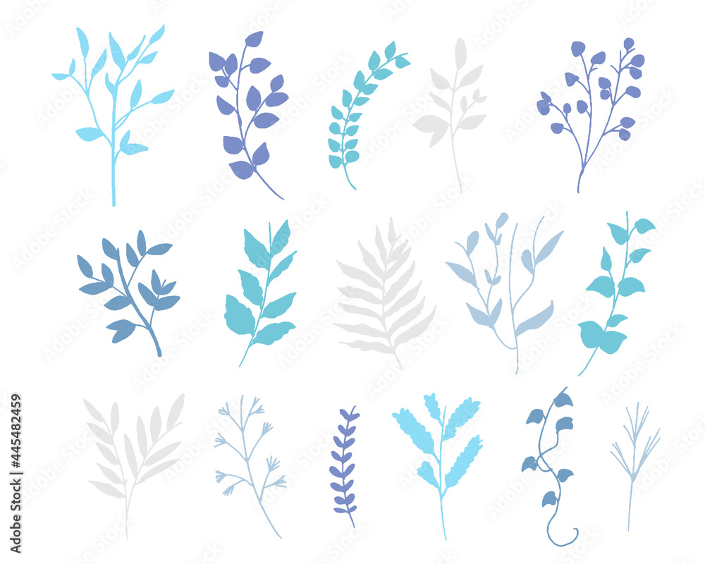 Fototapeta premium 手書きタッチの草木。夏カラーの草木セットイラスト。 Plants with a handwritten touch. Summer color vegetation set illustration.