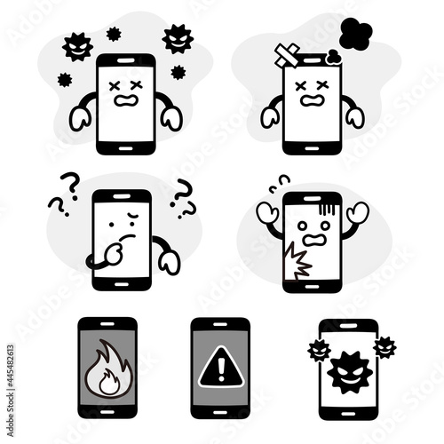 スマホのキャラクターの故障やトラブルに関する表情セット