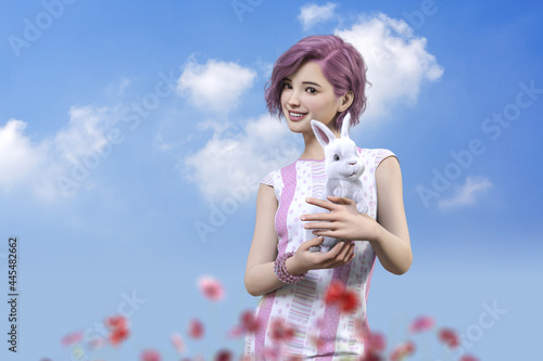 青空の花畑で白いウサギを抱きかかえるピンクの髪の毛の女の子