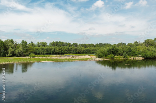 Ulba river with green trees on the banks. Green forest. River landscape. Ust-Kamenogorsk, (kazakhstan) photo