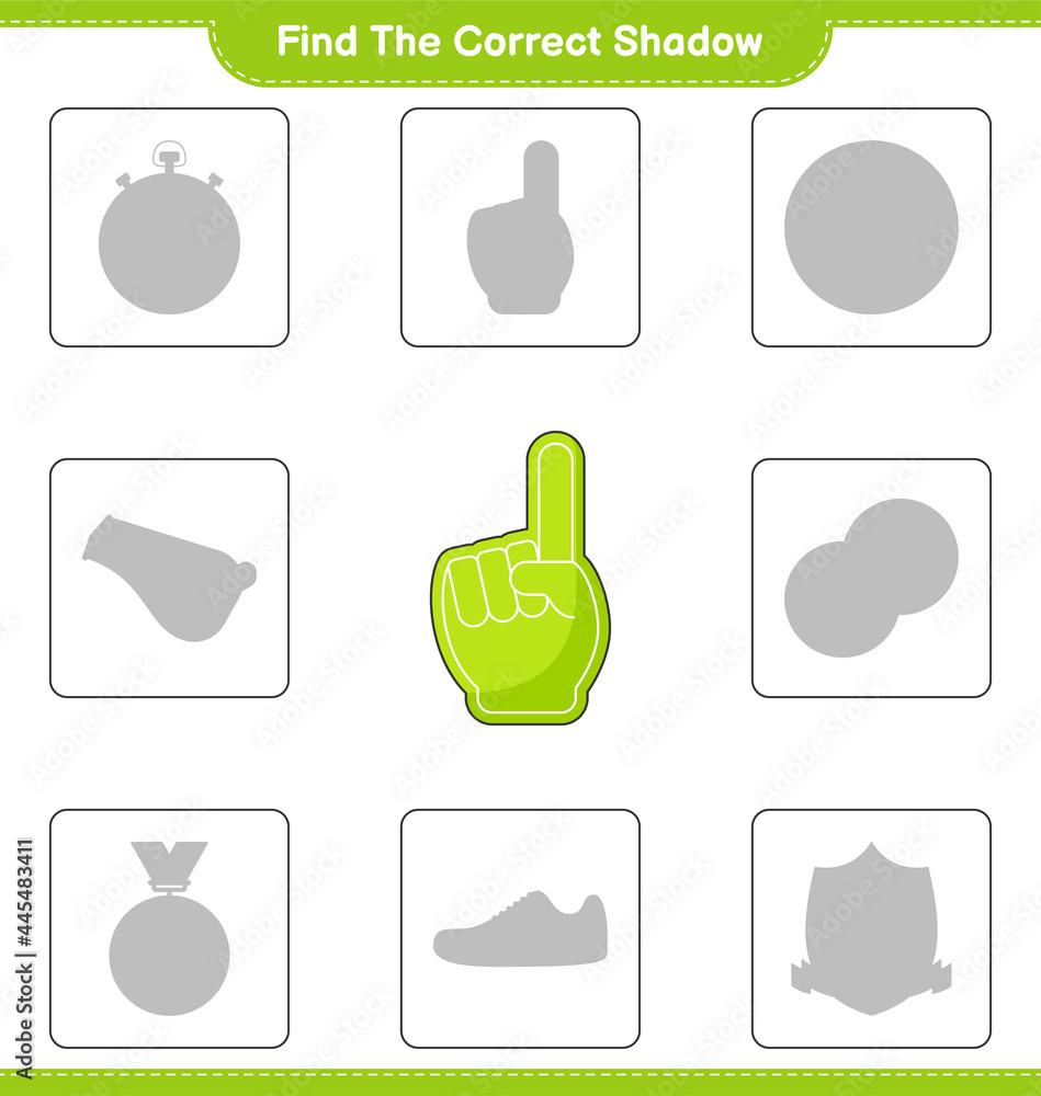 Find the correct shadow. Find and match the correct shadow of Foam Finger. Educational children game, printable worksheet, vector illustration Find the correct shadow. Find and match the correct shadow of Foam Finger. Educational children game, printable worksheet, vector illustration
