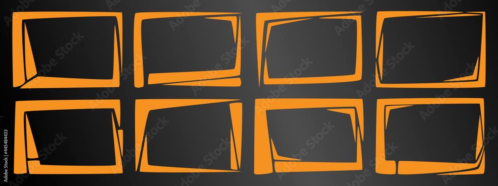 A set of eight unusual orange frames on a black background. A set of eight unusual orange frames on a black background.
