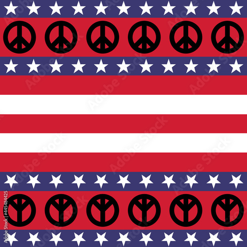 Wallpaper with the image of a hippie icon on the background of the colors of the American flag.