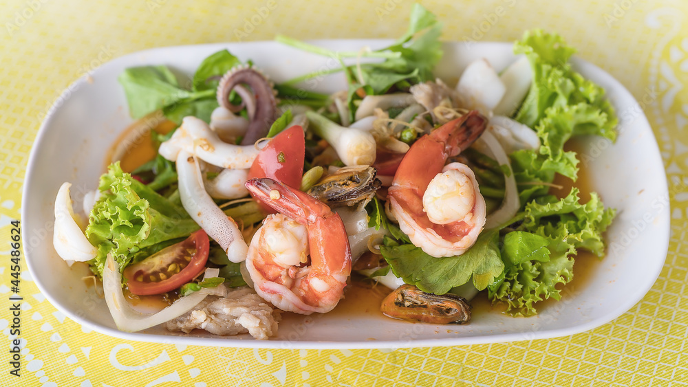 Thai food background of Thai spicies mixed seafood salad