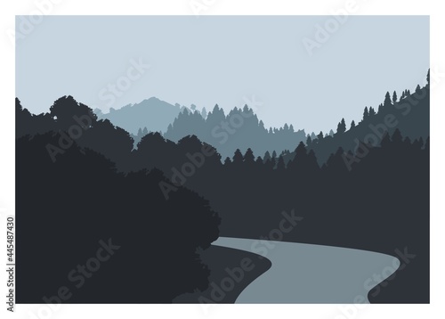 River splits the forest in the mountain