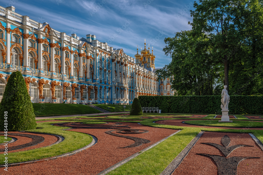 View of the Catherine Palace and the Palace Church of the Ascension of Christ in Tsarskoye Selo on a sunny summer morning. Pushkin, St. Petersburg