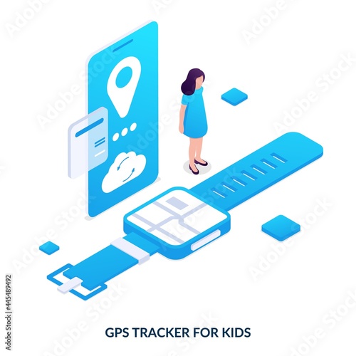 Smart watch with gps tracker for kids. Concept of child location tracking, parental control, child safety. Isometric vector illustration on white background.