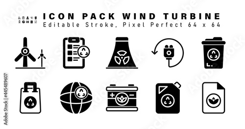 Icon Set of Wind Turbine Glyph Icons. Contains such Icons as  Recycling Bin, Bag, Global, Car Battery etc. Editable Stroke. 64 x 64 Pixel Perfect