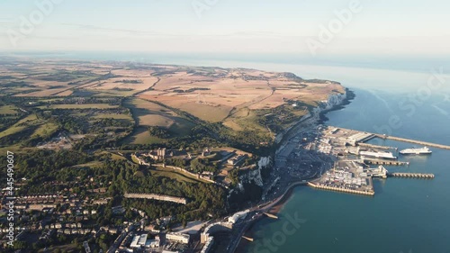 An aerial view of the historical harbor town of Folkestone Between Hythe and Dover, England in 4K photo