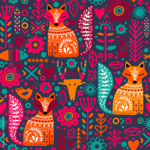 Folk plants, fox, deer, flowers seamless pattern. 
