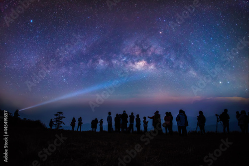 Travel with Milky Way Galaxy Mountain Before sunrise on the mountain viewed from a high angle. Image exposure with long grain.Image contain some grain or noise, and soft focus.
