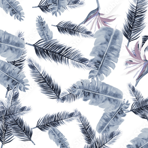 Blue Pattern Textile. White Tropical Plant. Cobalt Floral Vintage. Azure Flora Palm. Gray Decoration Botanical. Indigo Wallpaper Botanical. Navy Spring Illustration.
