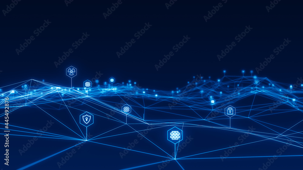 Blue futuristic security icon and line linked network connection technology abstract background concept