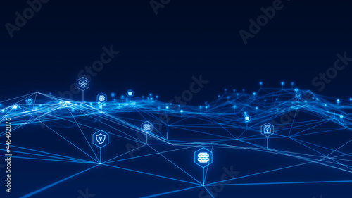 Blue futuristic security icon and line linked network connection technology abstract background concept