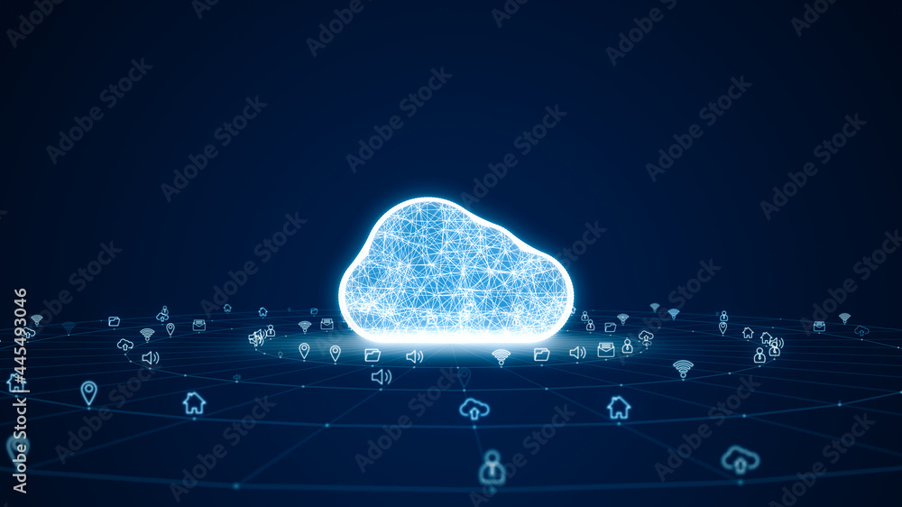 Blue digital 3D cloud logo with futuristic technology icon and line connection with circle on abstract background concept Blue digital 3D cloud logo with futuristic technology icon and line connection with circle on abstract background concept