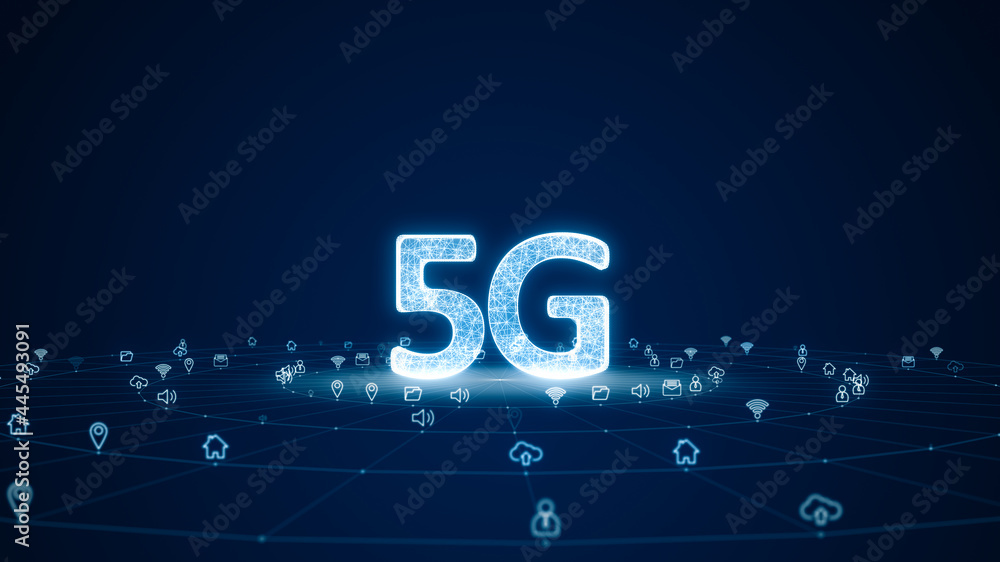 Obraz premium Blue digital 3D 5G logo with futuristic technology icon and line connection with circle on abstract background concept