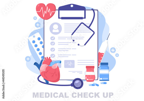 Medical Health Check up Background Landing Page Illustration. The Doctor Holds A Form Containing Patient Health List For Making Banner and Other