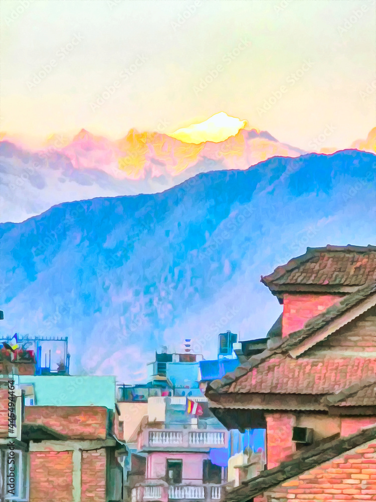 Watercolor mountain landscape. Himalayas, Tibet. Travel, tourism. City landscape against the background of mountains. Anapurna.  Digital painting - illustration. Watercolor drawing.