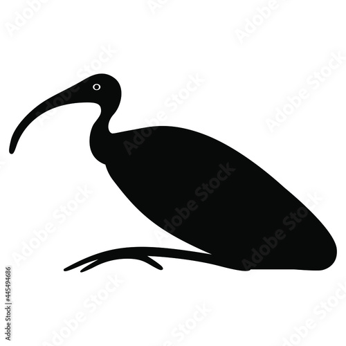 Perched ibis bird. Sacred animal of god Thoth. Ancient Egyptian mythology. Black and white silhouette.