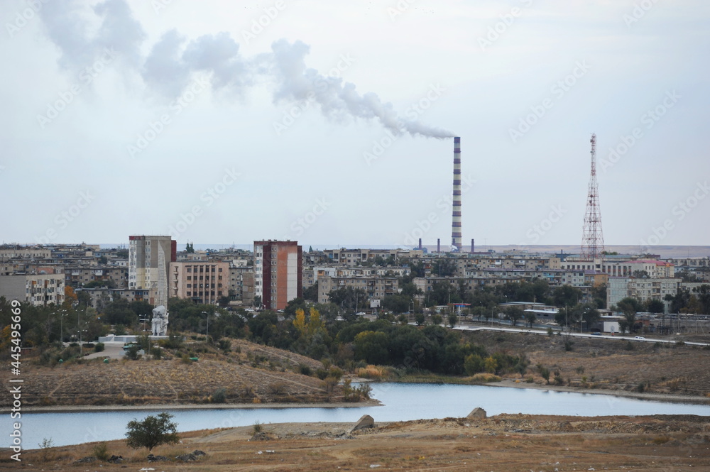 Zhezkazgan, Kazakhtan - 10.10.2016 : The river is located near the heating plant and residential buildings of the city.