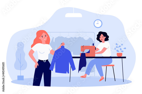 Woman coming to clothing repair shop. Flat vector illustration. Girl buying clothes made to her measurements, using services of designer, seamstress. Sewing, tailor shop, fashion, clothing concept
