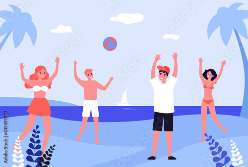 Group of friends playing with ball on beach. People in swimming suits on seashore flat vector illustration. Summer, vacation, outdoor activity concept for banner, website design or landing page