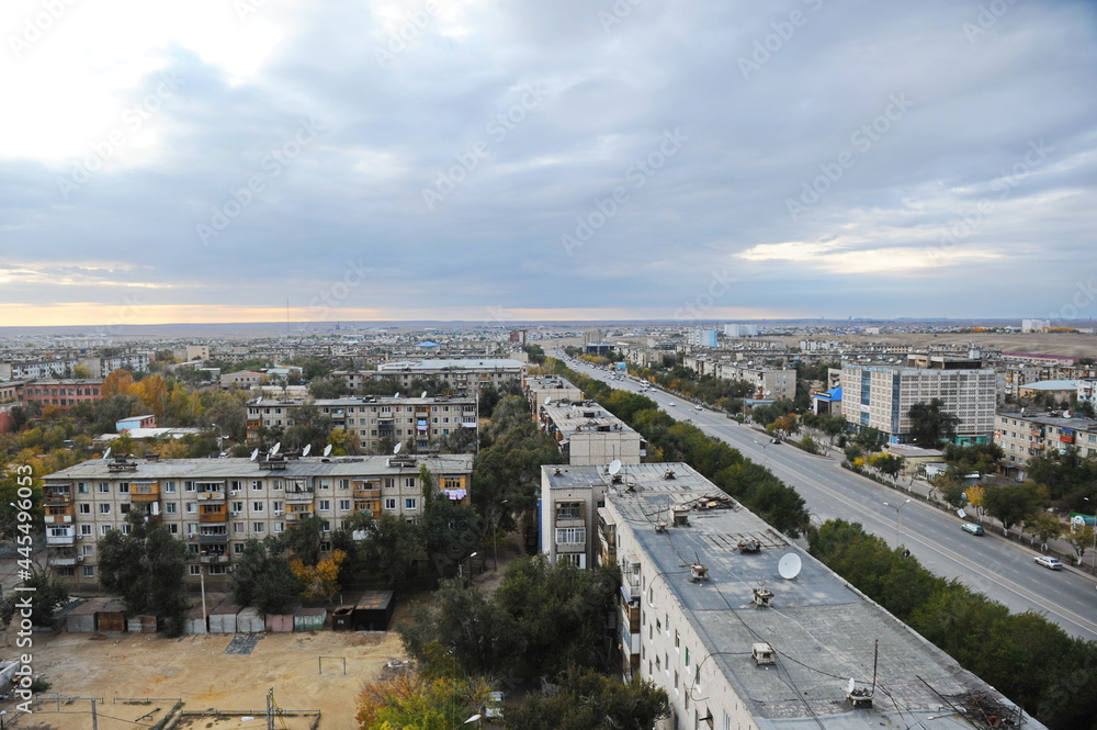 Zhezkazgan, Kazakhtan - 10.10.2016 : Residential buildings, commercial buildings and courtyards along the central streets of the city.