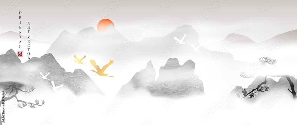 Mountain and golden line arts background vector. Oriental Luxury landscape background design with watercolor brush and gold line texture. Wallpaper design, Wall art for home decor and prints.
