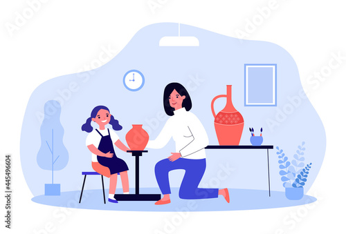Mom and daughter making clay vases. Flat vector illustration. Woman and girl in apron creating pottery and painting it in pottery studio. Family, hobby, creativity, pottery art, ceramic concept