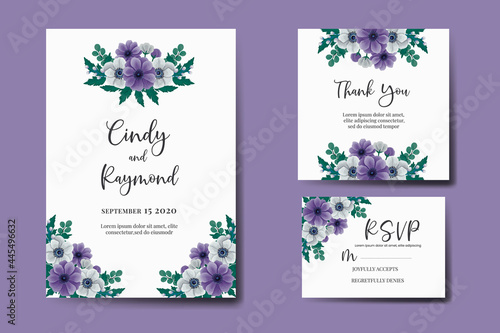 Wedding invitation frame set, floral watercolor Digital hand drawn Purple Anemone Flower design Invitation Card Template