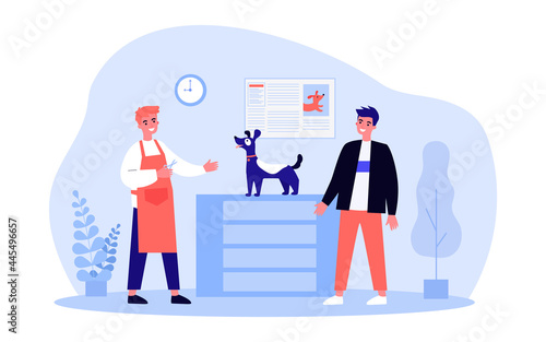 Man bringing his dog for haircut to groomer. Flat vector illustration. Owner taking care of appearance and health of his pet, groomer with scissors. Care, animal, grooming, hygiene, dog show concept
