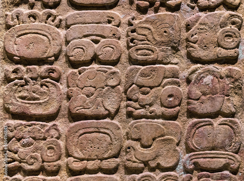 Mayan Alphabet. Close up of hieroglyph or glyph writing system found in Copan (Honduras), Tikal (Guatemala) and Chichen Itza, Palenque, Uxmal, Yaxchilan, Bonampak (Mexico).