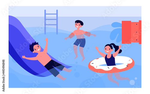 Happy children having fun in swimming pool. Boy on waterslide, kid in inflatable armbands, girl with rubber ring flat vector illustration. Summer activity, vacation concept for banner, website design