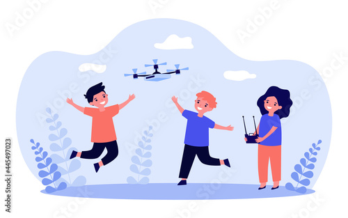 Children flying drone outside. Girl controlling drone with remote, boys running and jumping flat vector illustration. Technology, entertainment concept for banner, website design or landing web page