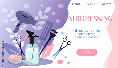 vector illustration on the theme of hair care. banner for website. hairdressing tools, combs, scissors, flowers. trend illustration in flat style