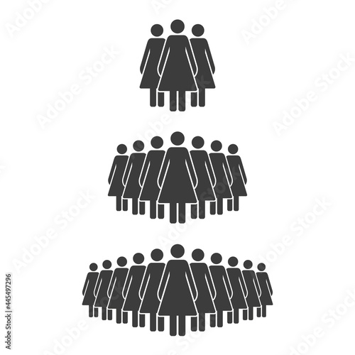 Small, medium and large group of women. Female people crowd silhouette icon. Vector illustration