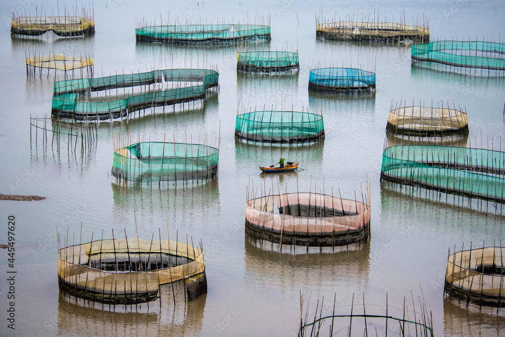 Curved fishing nets - A fisherman sailing among round giant fishing nets on  mudflats in Xiapu, China Stock Photo