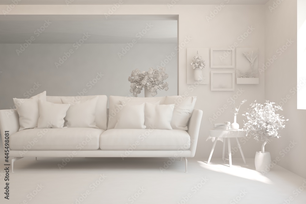Fototapeta premium White minimalist living room with sofa. Scandinavian interior design. 3D illustration