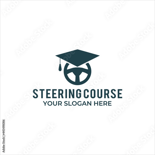 driving course logo, graduation hat, steering wheel symbol vector. for sport education and learn to drive 