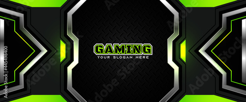 Futuristic green and black abstract gaming banner design with metal technology concept. Vector illustration for business corporate promotion, game header social media, live streaming background