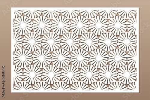 Decorative card for cutting. Recurring linear geometric mosaic pattern. Laser cut. Ratio 3:2. Vector illustration.