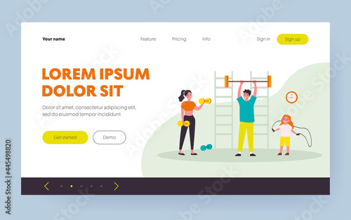 Happy family exercising in gym. Parents, kids, weightlifting, jumping rope flat vector illustration. Sport, family activity, fitness concept for banner, website design or landing web page