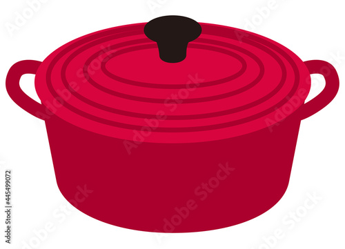 One red pot with two handles and a lid